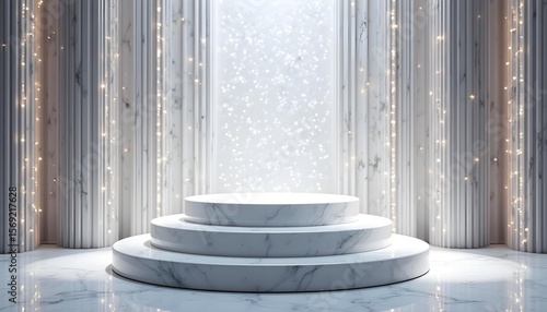 White marble podium with silver curtain