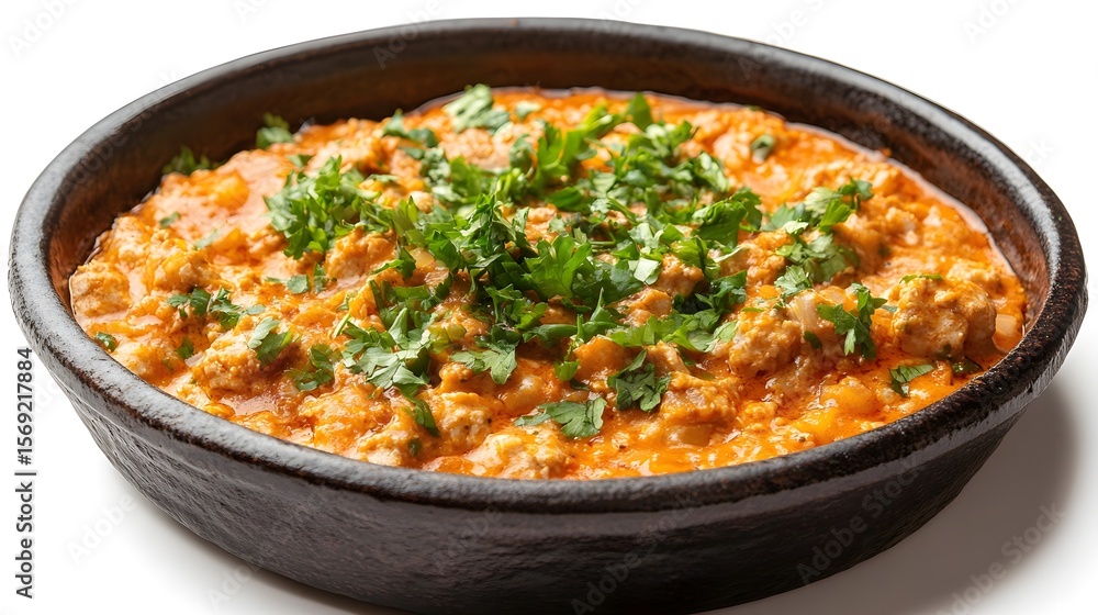 Photograph of a rustic, dark bowl filled with chunky, red lamb ragu. Photograph of a rustic, dark bowl filled with chunky, red lamb ragu.