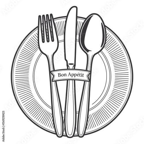 Elegant black and white illustration of plate with cutlery and bon appetit banner