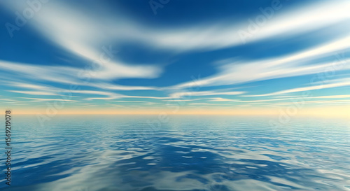 Fototapeta Naklejka Na Ścianę i Meble -  Original name(s): A serene abstract landscape with delicate cumulus clouds hovering above a tranquil, glowing lake, their reflections distorted in the water.