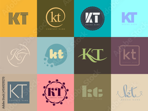 KT logo company template. Letter k and t logotype. Set different classic serif lettering and modern bold text with design elements. Initial font typography.
