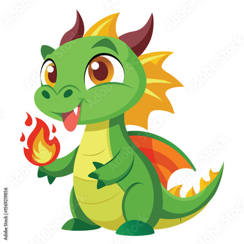 Cute dragon blowing fire and winking isolated on white