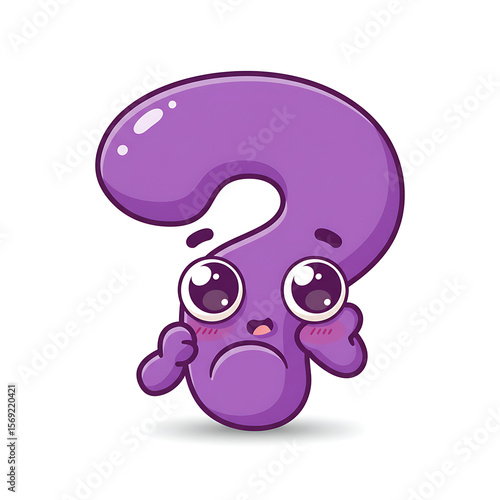 Cartoon purple question mark character with big eyes, blushing, and a sad expression.