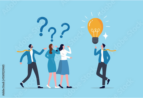 Question answer, advice or suggestion, solving problem with solution, q and a or faq, quiz or solution discovery, information guidance concept, businessman offer solution for people question marks