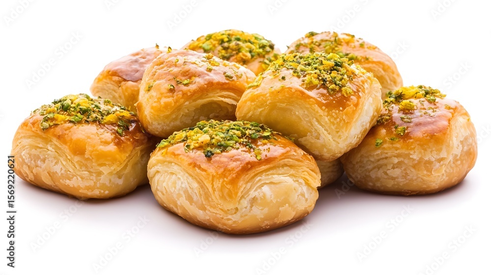 Photograph of golden croissants with pistachio topping on a white surface. Photograph of golden croissants with pistachio topping on a white surface.
