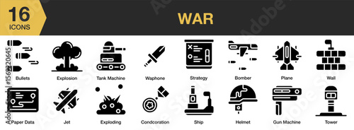 War solid icon set. Includes military, fight, weapon, combat, violence, and More. Solid icons vector collection.