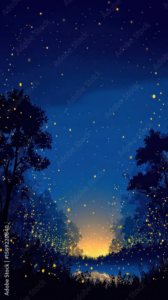 Naklejka premium Dreamy Night Sky with Fireflies and Twinkling Stars in Forest
