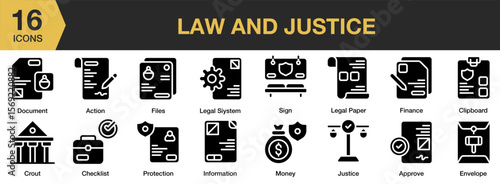 Law And Justice solid icon set. Includes punishment, verdict, legislation, crime, gavel, and More. Solid icons vector collection.