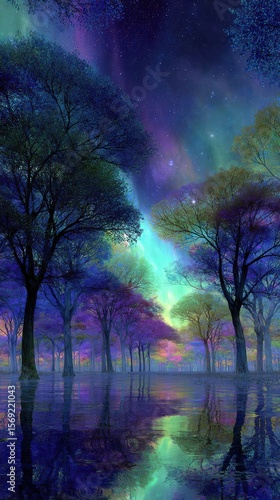 Enchanted Forest Under Vibrant Aurora Borealis Night Sky