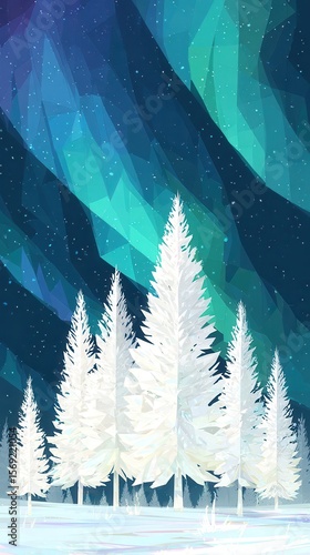Snowy Trees Under Colorful Aurora Borealis Night Sky