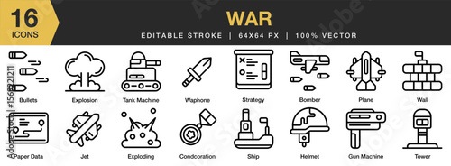 War icon set. Editable Stroke Icon Collection. Includes war, battle, conflict, soldier, army, and More. Outline icons vector collection.