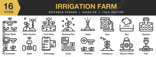 Irrigation Farm icon set. Editable Stroke Icon Collection. Includes irrigation, farm, agriculture, water, crop, and More. Outline icons vector collection.