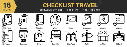 Checklist Travel icon set. Editable Stroke Icon Collection. Includes checklist, travel, packing, trip, vacation, plan, and More. Outline icons vector collection.