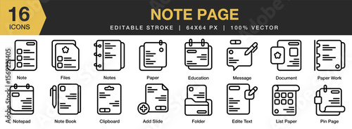 Note Page icon set. Editable Stroke Icon Collection. Includes note, page, paper, message, blank, and More. Outline icons vector collection.