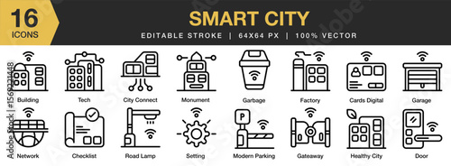 Smart City icon set. Editable Stroke Icon Collection. Includes technology, future, digital, network, city, and More. Outline icons vector collection.