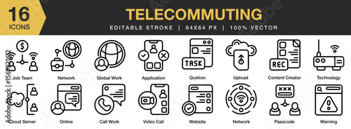 Telecommuting icon set. Editable Stroke Icon Collection. Includes telecommuting, laptop, computer, business, online, and More. Outline icons vector collection.