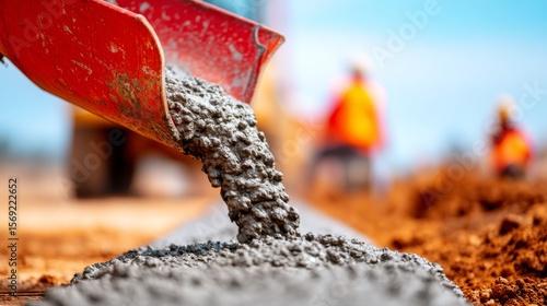 Fototapeta Naklejka Na Ścianę i Meble -  Concrete Mixer Truck, small concrete mixer. Concrete Mixer Truck Pouring Concrete into Sidewalk Form at Construction Site