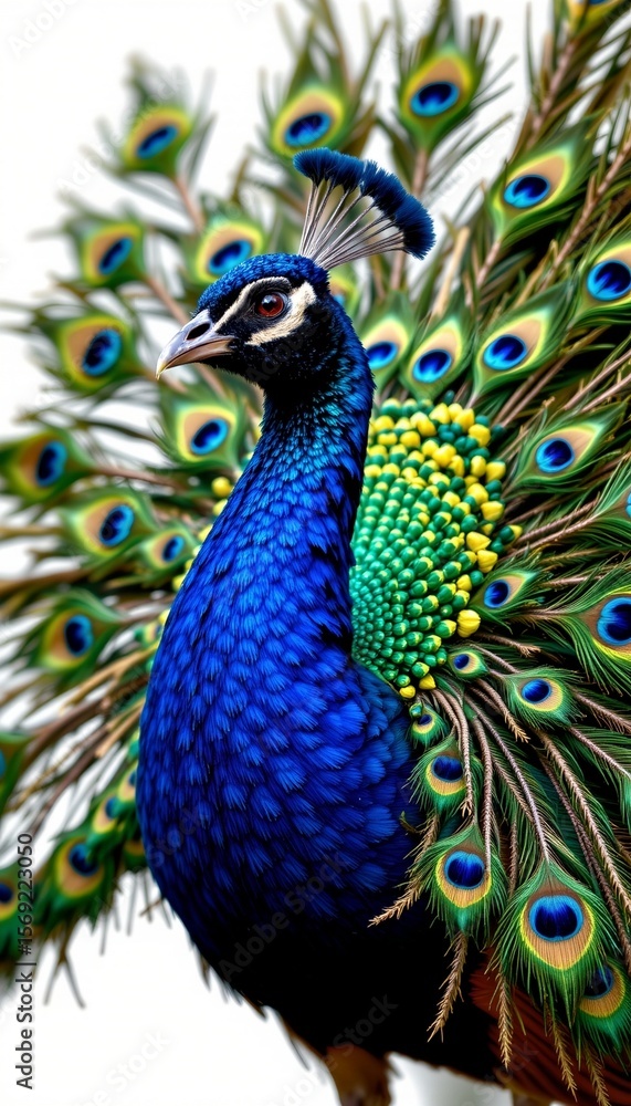 Fototapeta premium create a portrait of a peacock on the left side of the image, facing slightly to the right