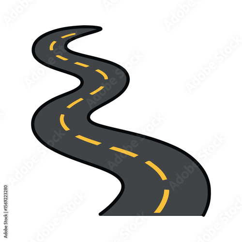 Curvy Asphalt Road with Yellow Lane Lines Clipart Isolated on White Background

