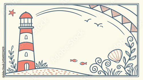 Illustration of a whimsical lighthouse by the sea with fish, a shell, and plants, evoking a serene coastal vibe.