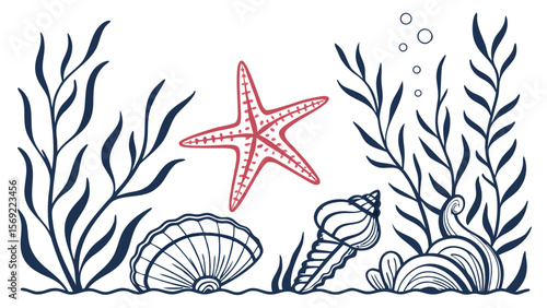 Illustration of sea life featuring a red starfish surrounded by shells and seaweed.