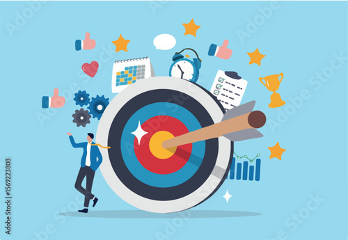 Goals setting, target achievement, focus on success outcome, planning to reach target bullseye, measurable result or clarity motivation concept, businessman with target bullseye and goal elements