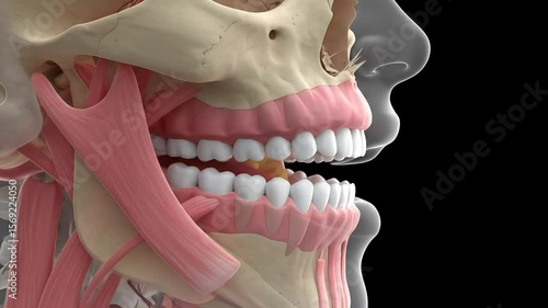 High-resolution 3D medical illustration showing the anatomy of the human jaw in the act of chewing food. 