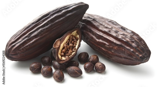 Wallpaper Mural Photograph of cocoa beans and pods arranged on a white background, showcasing their dark brown texture and interior... Torontodigital.ca
