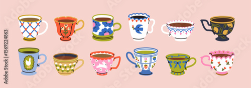 Tea cups collection in vintage style. Retro mugs painted in decorative patterns. Ceramic teacups in traditional ornate designs. Dishware for morning drinks, coffee. Isolated flat vector illustrations