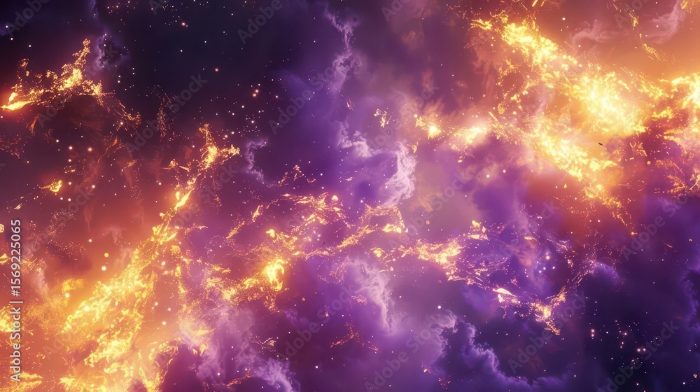 Obraz premium A vibrant cosmic scene showcasing swirling purple and orange nebulae in space.