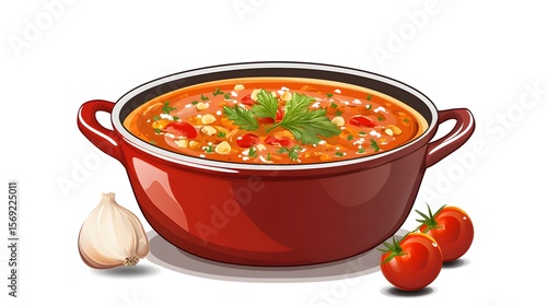 Digital illustration of a red pot filled with tomato soup, garnished with herbs and accompanied by tomatoes and garlic.