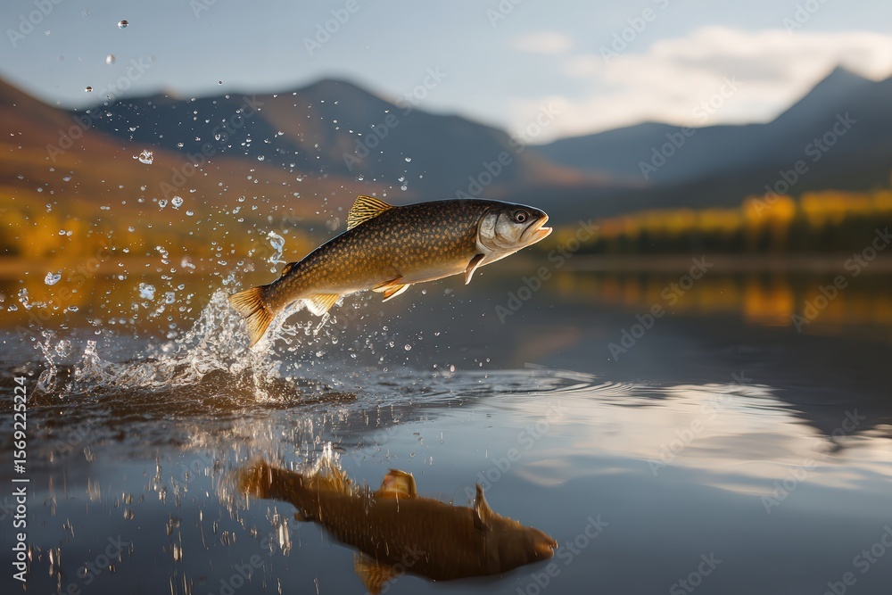 Fototapeta premium Vibrant fish jumping out of still water surrounded by scenic natural reflections, perfect for fishing shop banners and recreational angling advertisements with dramatic splash lighting.