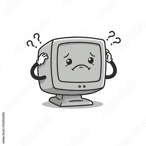 A confused, cartoon computer monitor character holds its head, expressing worry and uncertainty.
