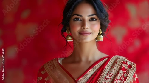 Young indian woman in a traditional red sari and gold jhumka earrings smiles and playfully winks. Footage for cultural festivals like diwali or holi, ethnic fashion, or wedding ceremony announcements