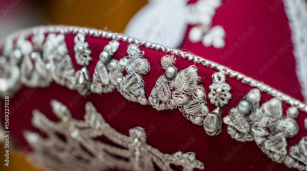 Obraz premium Hand-embroidered charro hat with silver embellishments, deep red fabric and intricate stitching under golden light.