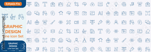 Graphic Design line editable icon set.Contains such icons as Creativity, Layout, Mobile App Design, Art Tools, Drawing Tablet, Typography, and more. Editable stroke. Line icon set
