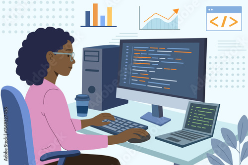 Woman Coding on computer Vector Art 