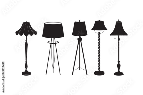 Silhouette bundle art illustration of five different vintage-style floor lamps (1)