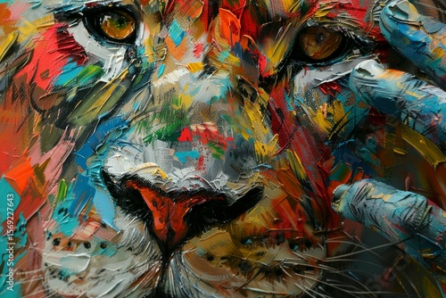 Fototapeta Naklejka Na Ścianę i Meble -  Artist working on a vibrant impasto painting of a lion, applying thick layers of paint with a palette knife