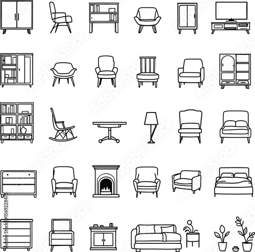 Black-and-White Vector Illustration of Interior Furniture Showcase – 30-Item Living Space Essentials Grid