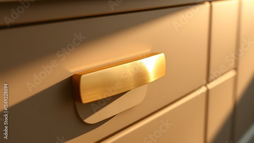 Close-up of a golden drawer handle against a softly lit modern furniture surface.