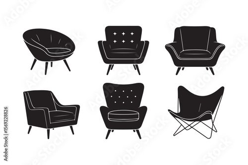 Silhouette bundle art illustration of six mid-century modern lounge chairs