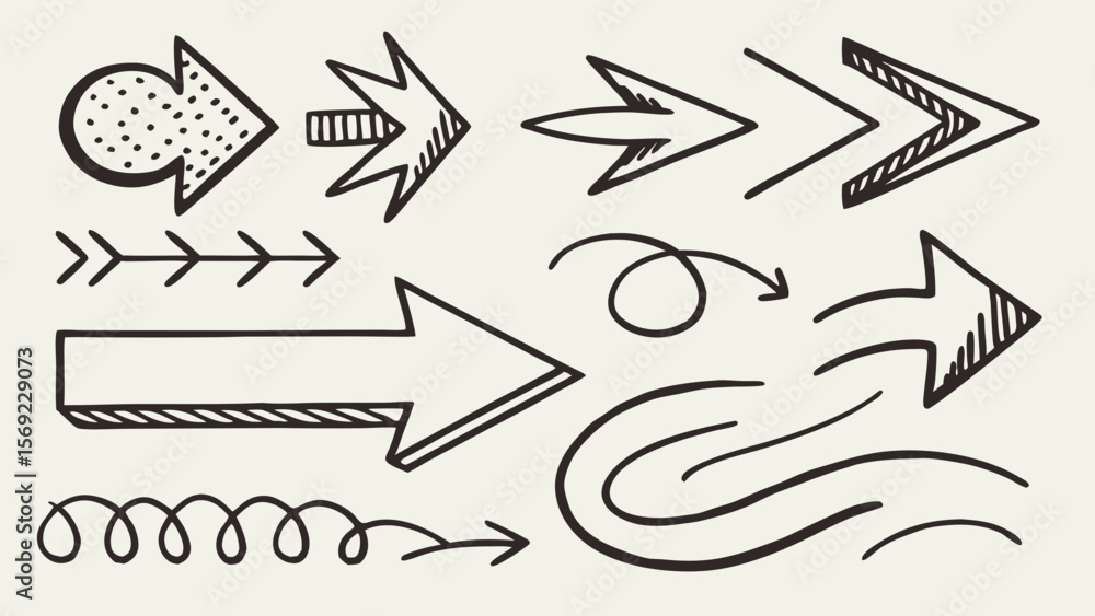 Fototapeta premium Variety of hand-drawn arrows in different styles and shapes against a light background.