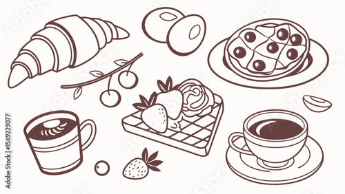 An assortment of delicious breakfast items featuring a croissant, eggs, waffles with fruit, and cups of coffee.