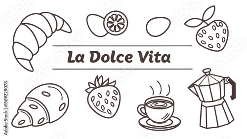 A delightful illustration featuring pastries, fruits, and coffee elements representing 'La Dolce Vita'.