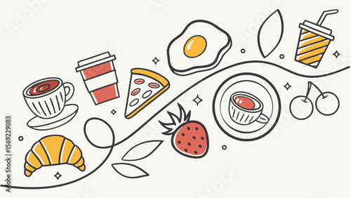 A vibrant illustration featuring a variety of food and drink items, including coffee, pizza, fruit, and pastries.