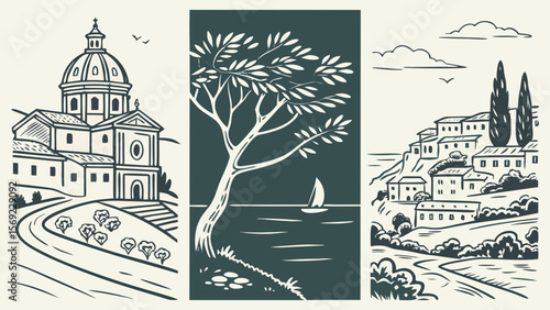 Illustrative triptych depicting serene landscapes featuring a church, a tree by the water, and quaint hillside homes.