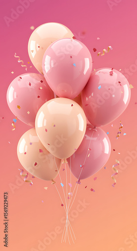 A bunch of pastel pink and peach balloons with confetti and streamers