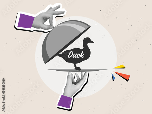 Black and white hands remove the lid from a plate with duck silhouette - restaurant serving of dish with cloche. Modern collage style. Vector illustration