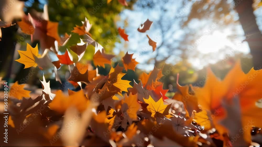 Golden maple leaves falling in a park on a sunny autumn day with bright sunlight in the background. A vibrant seasonal scene. Use for fall festival announcements, seasonal sales, or nature content